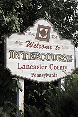 A welcome sign to an Amish town, Intercourse, Pennsylvania