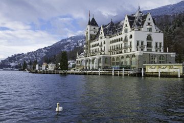 A shot of the Hotel Vitznau in winter from Lake Lucerne.