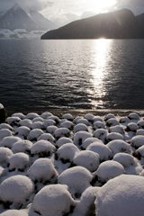 Snow-covered gardens by Lake Lucerne.