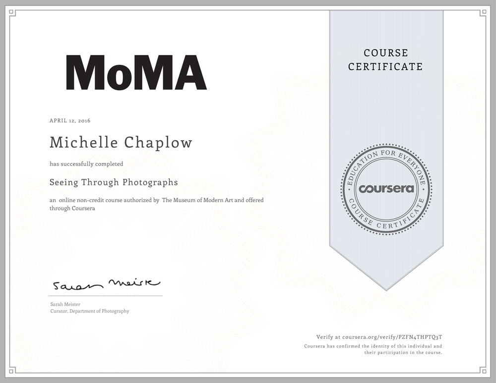 MoMa course certificate, Seeing through photographs Michelle Chaplow